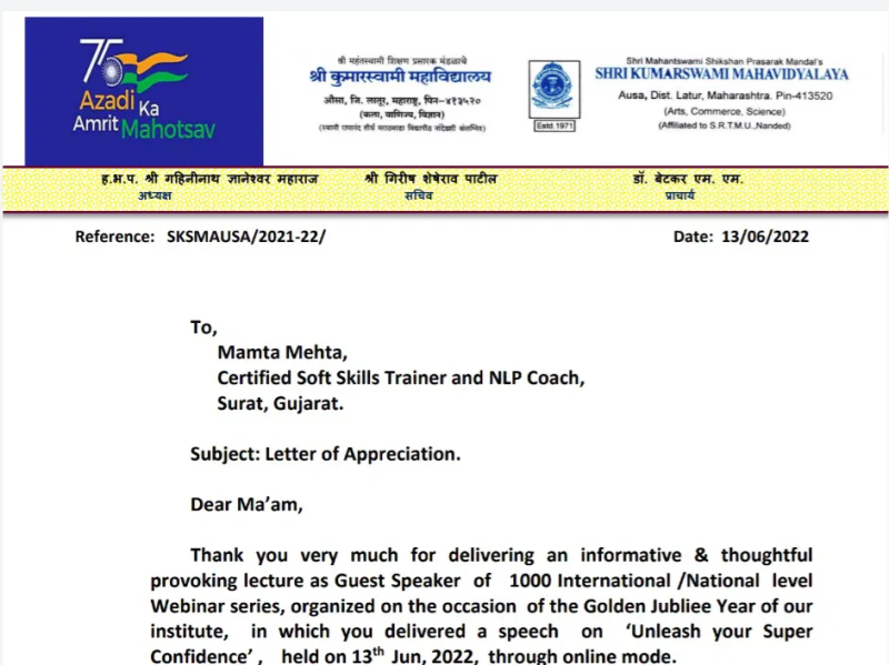 Mamta Mehta was recently invited as a speaker by a reputed college in Latur, Maharashtra