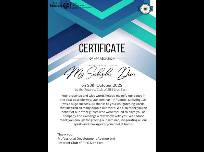 Sakshi Dua Invited to hold a session on “Influential Dressing 101” by the Rotaract Club of SIES
