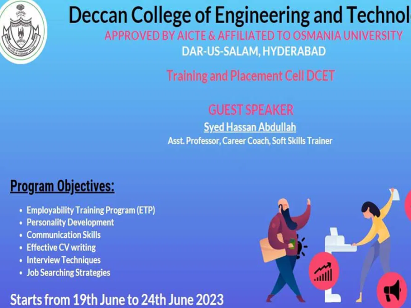 Syed Hassan Abdullah delivered a Employability Training Program for Engineering Students of Deccan College of Engineering and Technology