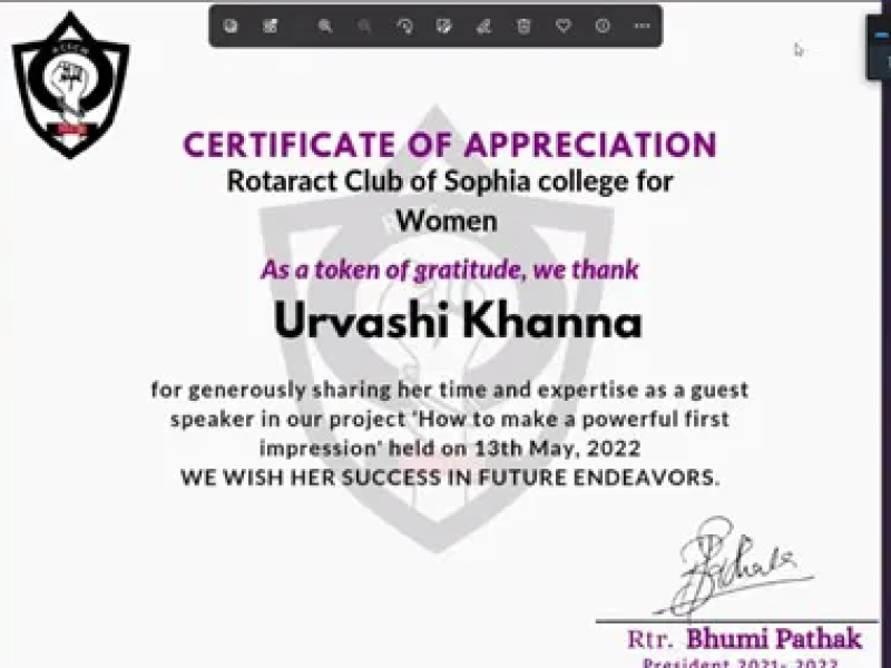 Urvashi Khanna recently conducted online workshops on “First Impressions” for 4 reputed colleges of Mumbai