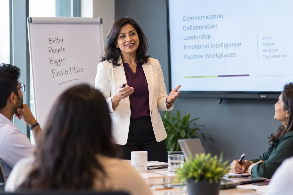 Professional Soft Skills Trainer facilitating a workplace learning session